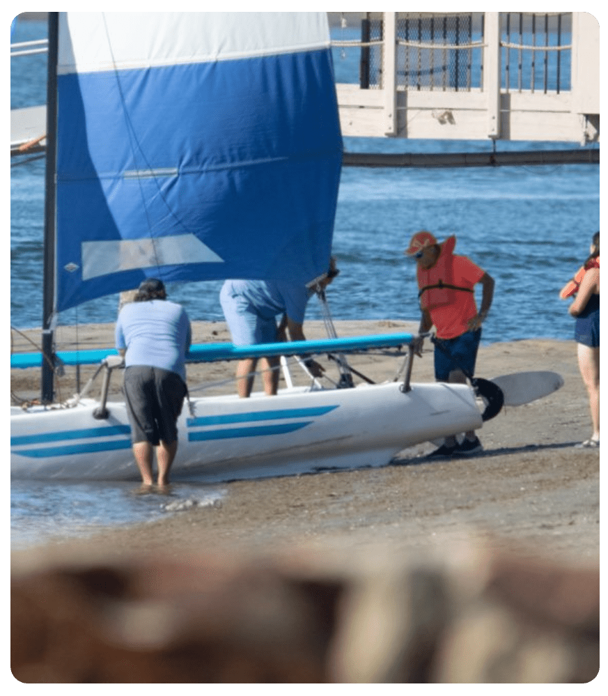 a group of people sitting at a beach