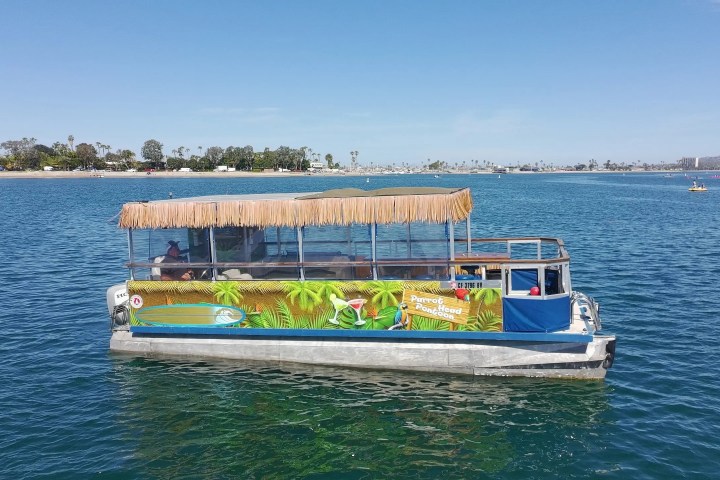 A tropical-themed boat with a thatched roof floating on a sunny lake.